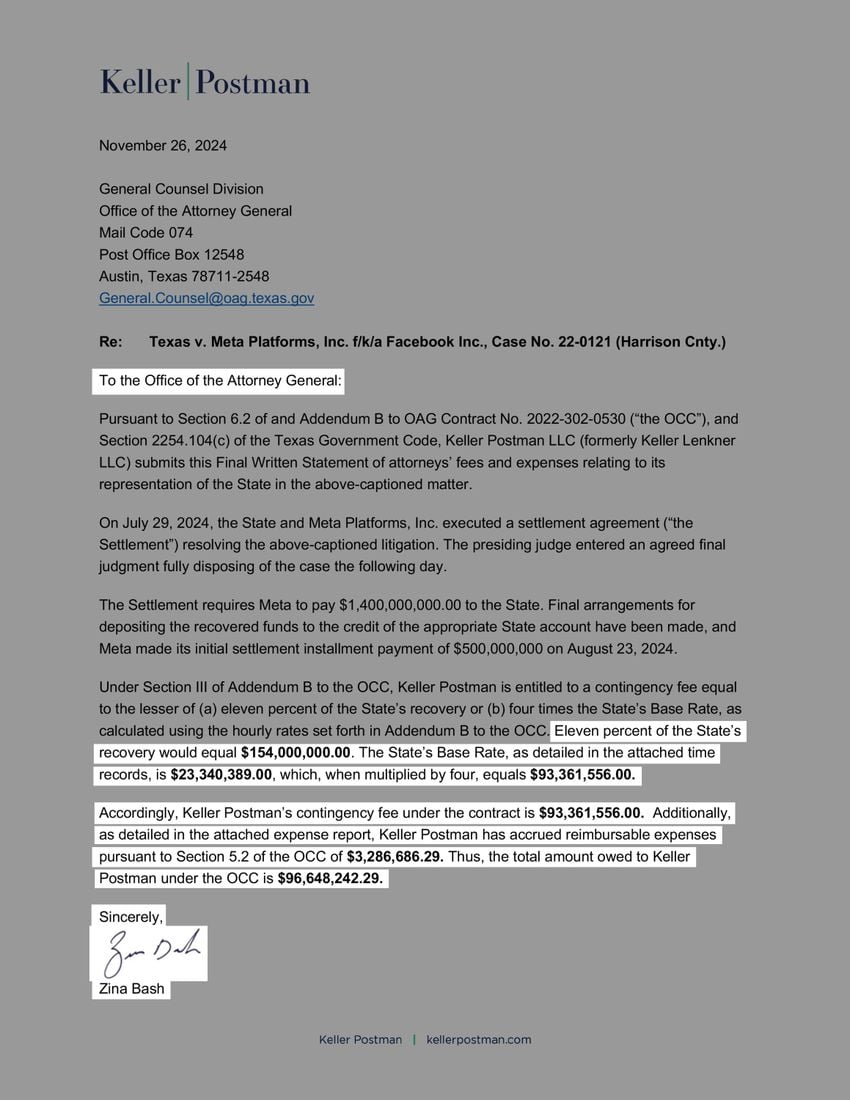 A letter from Zina Bash to the Texas attorney general’s office informs the office that the state owes her firm, Keller Postman, almost $97 million for its work on the state’s case against Meta.