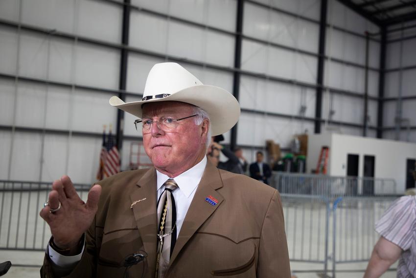Commissioner of Agriculture Sid Miller speaks to press during a Trump Rally at Million Air in Austin on Oct. 25, 2024.
