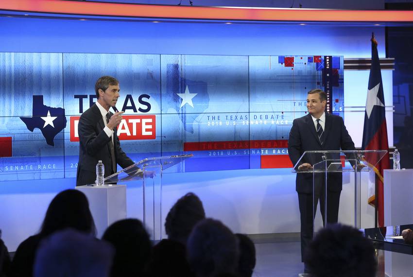 U.S. Rep. Beto O'Rourke, D-El Paso, left, debates U.S. Sen. Ted Cruz at the KENS 5 Studios in San Antonio on Oct. 16, 2018.