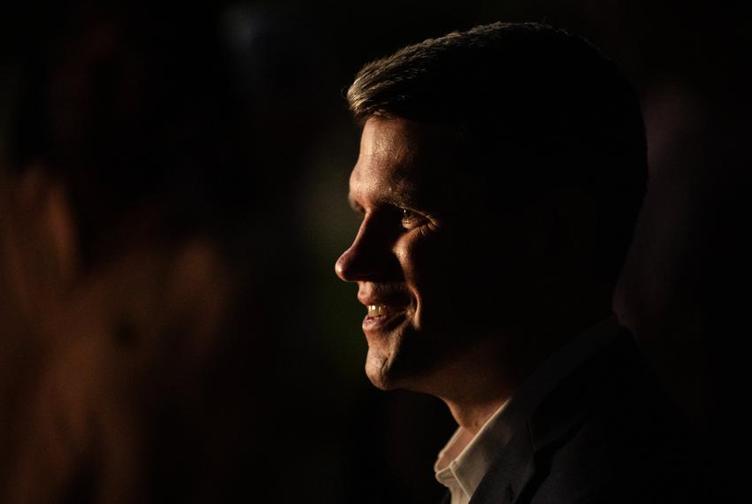 Texas Rep. James Talarico D-Austin smiles while greeting attendees after a campaign kick-off rally at Centennial Plaza on Tuesday, Sept. 9, 2025 in Round Rock, Texas. Talarico stayed after the rally to greet and take photos.