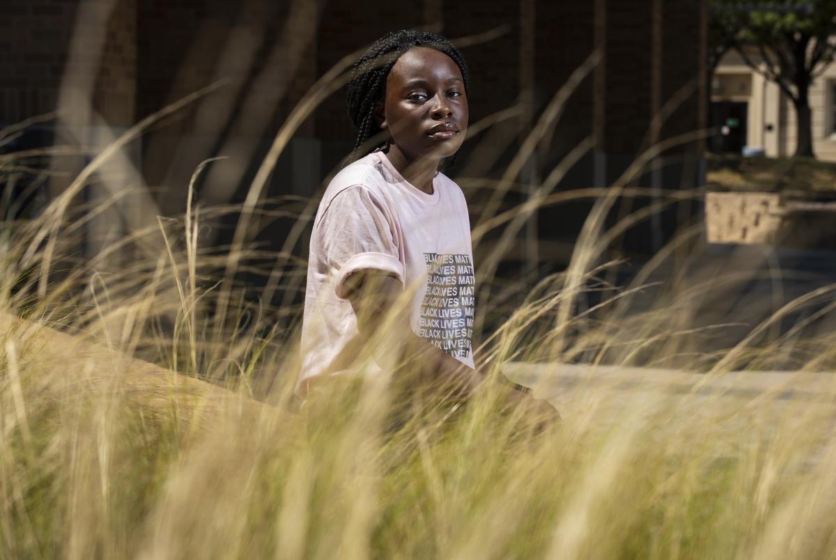 Aimee Tambwe outside of the student union on the campus of the University of North Texas in Denton in August.