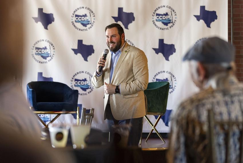 Texas Democratic Party Chair Kendall Scudder addresses attendees at an event in Brownsville on April 12, 2025.