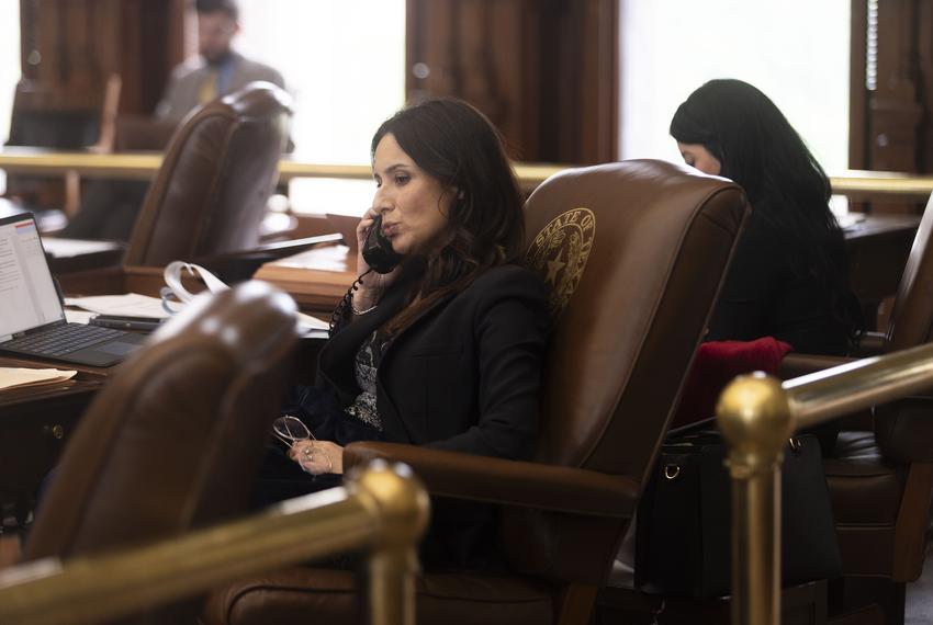 Rep. Gina Hinojosa, D-Austin, speaks on the phone at her desk on the House floor on May 19, 2025.
