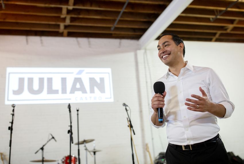 Democratic presidential candidate Julián Castro speaks to supporters at a fundraiser at Native Hostel in Austin on May 8, 2019.