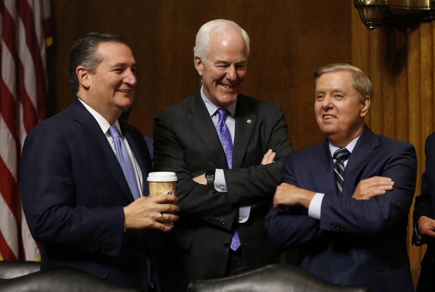 Republican Sens. Ted Cruz, John Cornyn and Lindsey Graham during a break in the hearing on the nomination of Brett Kavanaugh to be an associate justice of the Supreme Court of the United States, on Capitol Hill in September 2018.