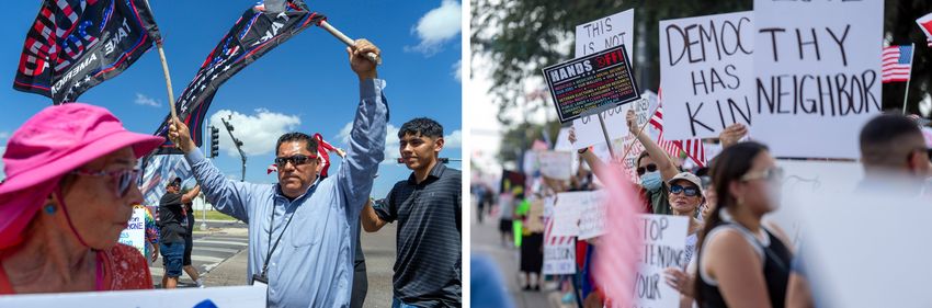 First: A Pro-Trump counter-protester makes his way through the crowd. Second: Demonstrators line the street during the “No Kings” protest, in McAllen, Texas, on June 14, 2025.