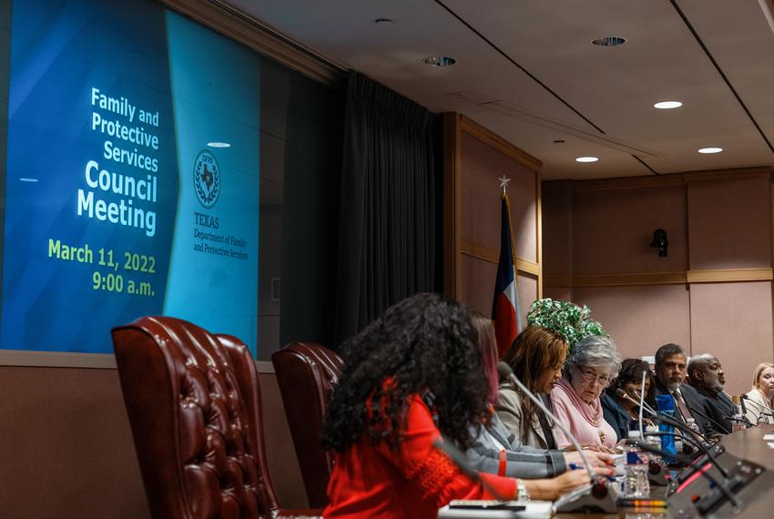 Members of the Texas Department of Family and Protective Services Council hear public testimony at a meeting in Austin on March 11, 2022.