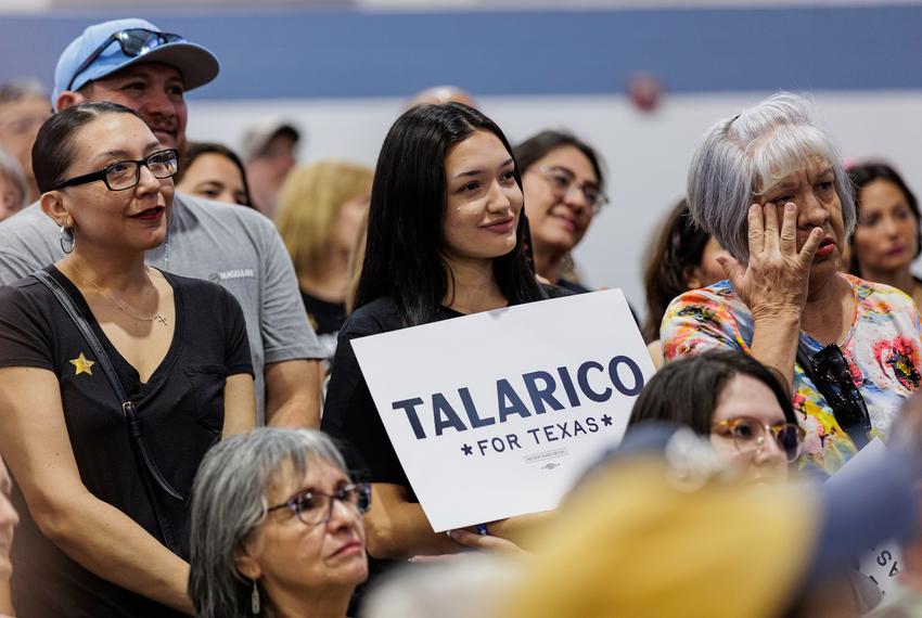 Hundreds of attendees crowd into the Lark Community Center holding signs at a rally with U.S. Senate candidate Texas Rep. James Talarico D-Austin in McAllen on Sept. 27, 2025.