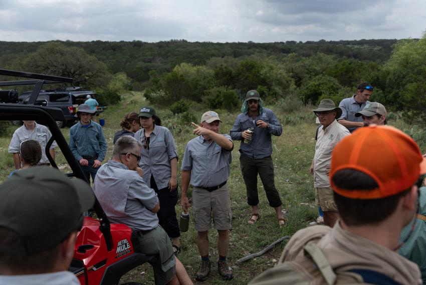 Greg Creacy, Texas State Parks Natural Resources program director, delivers instructions for the aquatic sampling search that will take place at Yancey Creek in what will become Post Oak Ridge State Park, a newly acquired park near Lampasas, Texas, on Thursday, June 5, 2025. The park’s acquisition marks the first since $1 billion dollars were allocated to buy more land for the state parks system as part of the Centennial Parks Conservation Fund, approved by the state legislature in 2023. Before development can begin, survey teams collect samples and information regarding the environment and wildlife at the newly acquired land.