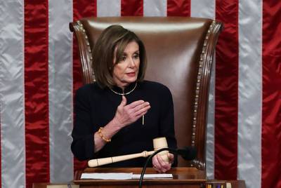 Speaker of the House Nancy Pelosi presides over the House of Representatives vote on a second article of impeachment against President Donald Trump inside the House Chamber of the U.S. Capitol in Washington, D.C. on Dec. 18, 2019.