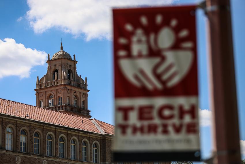 The Texas Tech University Administration Building tower sits on campus in Lubbock, Texas, Sept. 30, 2025.