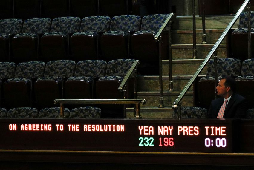 The display board on the gallery above the floor of the U.S. House of Representatives shows the final vote tallies on a resolution that outlines the next steps in the impeachment inquiry of U.S. President Donald Trump.