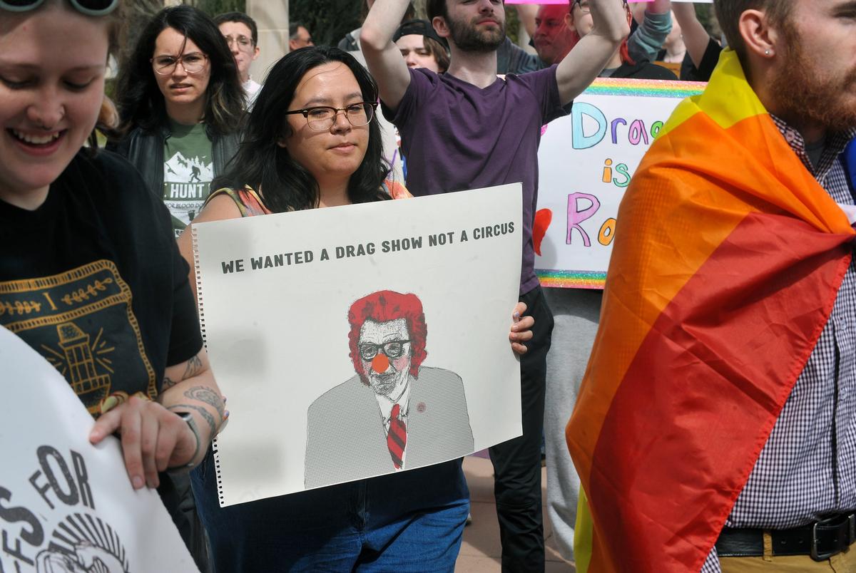 Protesters marched against the university president’s decision to cancel a drag performance at West Texas A&M University on March. 23,  2023.