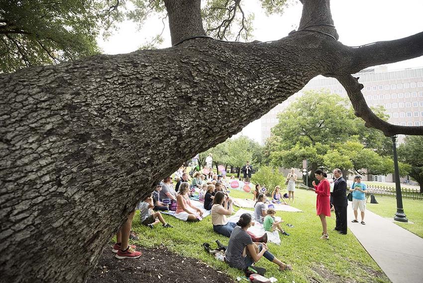 State Rep. Carol Alvarado, D-Houston, and Rep. Wayne Faircloth, R-Galveston, read Dr. Seuss to a crowd on the east side of the Texas Capitol on August 2, 2017.  The event, sponsored by Texas Campaign for the Environment, included lobbying of legislators over HB 70 and SB 14, to rescind tree ordinances statewide. 