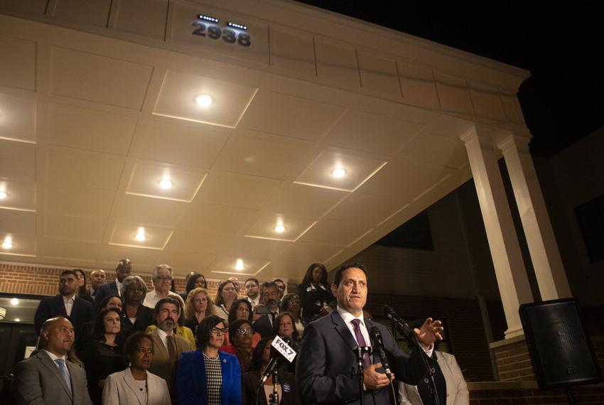 State Rep. Trey Martinez-Fischer addresses the media during a press conference at Mt. Zion Baptist Church. The group of Democratic lawmakers walked off the House floor and broke quorum over Senate Bill 7.  