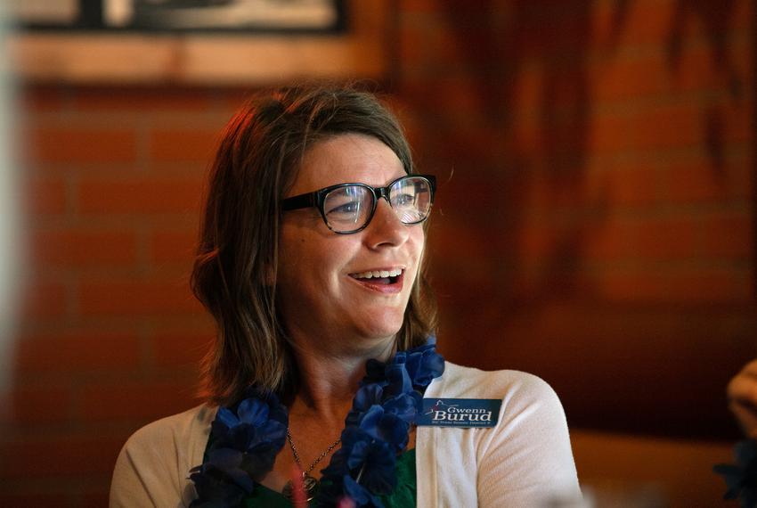 Gwenn Burud, a Democrat running for Texas Senate District 9, speaks with other attendees of the WomenWin conference in Ft. Worth during a reception Saturday June 9, 2018.