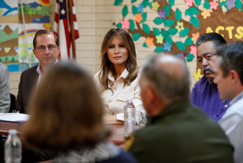 First lady Melania Trump and U.S. Secretary of Health and Human Services Alex Azar (left) listen during a roundtable meeting at the Lutheran Social Services of the South's Upbring New Hope Children's Center in McAllen on June 21, 2018.