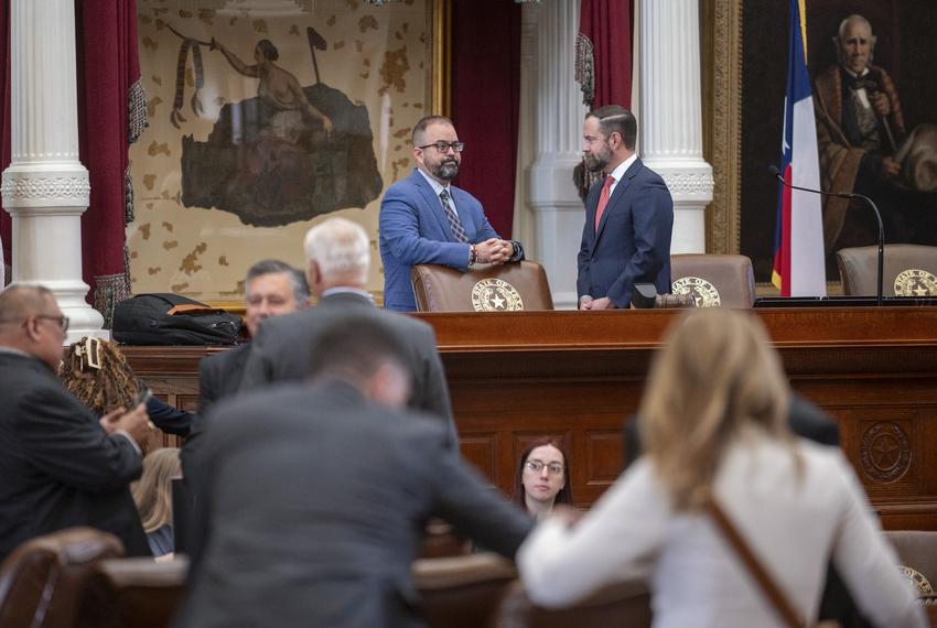 Texas Rep. Joe Moody D-El Paso speaks with Speaker of the House Dustin Burrows during the 89th legislative special session Friday, Aug. 15, 2025 in Austin, Texas.