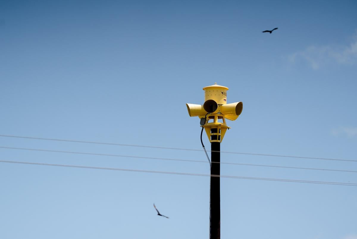 A siren alert system in Comfort on Thursday July 10, 2025. Across the state in East Texas, the city of Crockett has secured the funding and has embarked on installing its own auditory alarm system.