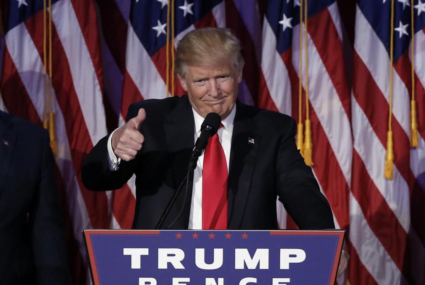 U.S. President-elect Donald Trump greets supporters during his election night rally in Manhattan on Nov. 9, 2016.