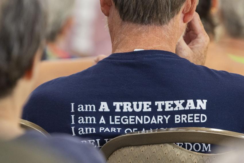 A member of True Texas Project wears an organization T-shirt during a monthly meeting at the Texas Star Golf Course in Euless.