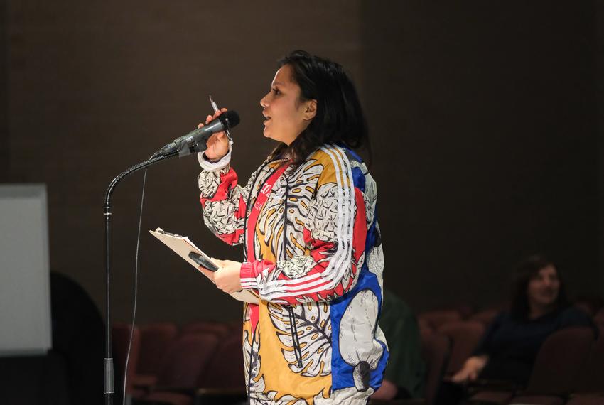 During the public hearing regarding ITC and their renewal application for a federal permit, Erandi Trevino, Houston Organizer for Public Citizen, questions ITC and TCEQ representatives why only 1 out of 27 violations resulted in a fine. Deer Park ,TX. Thursday , May 4,2023