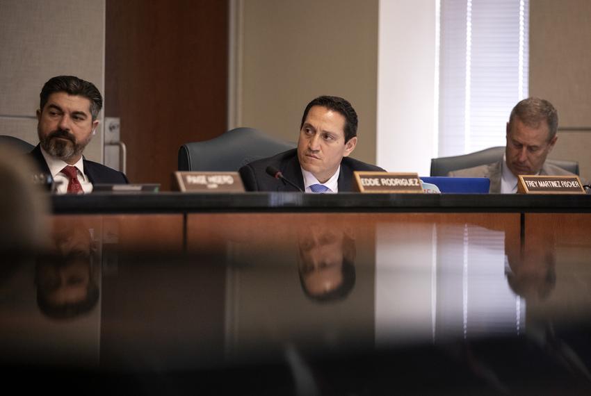 From left: Rep. Eddie Rodriguez, D-Austin; Rep. Trey Martinez-Fischer, D-San Antonio; and Rep. Jim Murphy, R-Houston, listen to pubic testimony at the Ways and Means hearing on SB 2. Feb. 27, 2019.