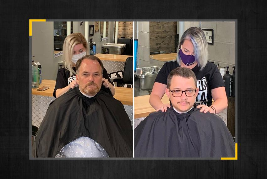 From left, State Representatives Steve Toth, R-The Woodlands, and Briscoe Cain, R-Deer Park, get haircuts in defiance of Gov. Greg Abbott’s orders on business closures during the COVID-19 pandemic. 