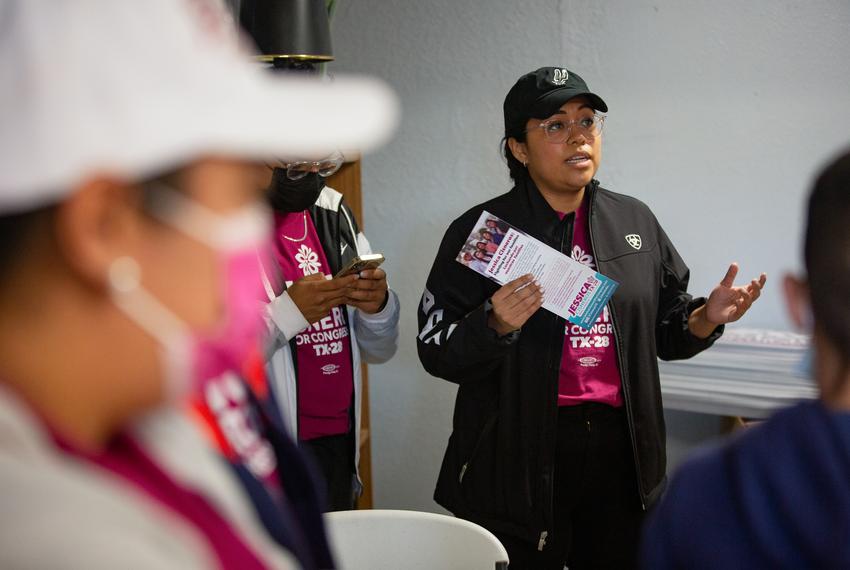 Democratic candidate for Congress Jessica Cisneros talks with to her supporters at her campaign headquarters before they head out to canvass in Laredo on Feb. 19, 2022.