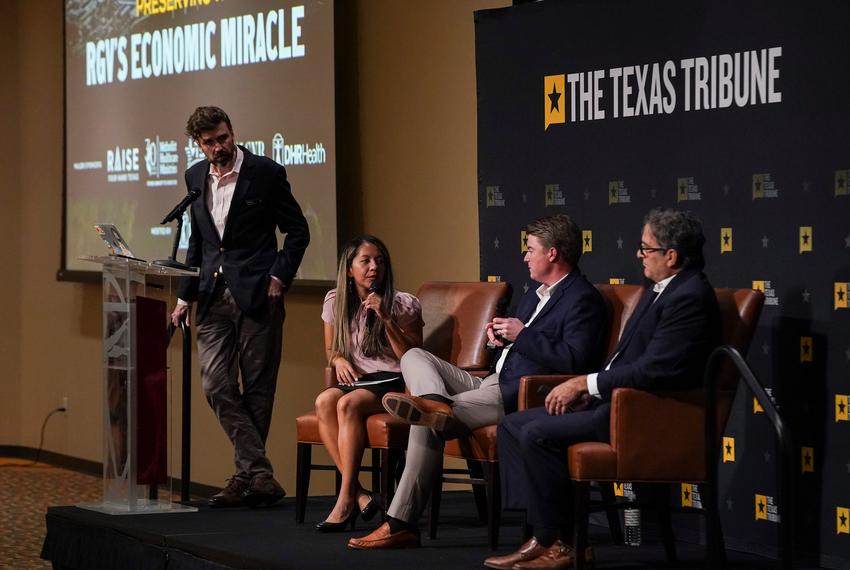 The Texas Tribune hosts a discussion about the RGV's Economic Miracle in Edinburg on Sept. 24, 2024. From left: Senior Director of Events and Live Journalism Matt Ewalt; RGV-based regional reporter Berenice Garcia; Nick Rhodes, president and CEO, Rhodes Enterprises; and Bob Anderson, vice president for supply chain and operations, Alps Alpine North America.