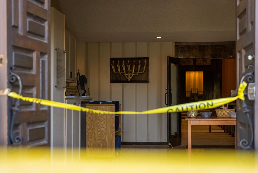 Outside of the sanctuary at Congregation Beth Israel in Austin on Nov. 1, 2021. Late the night before, an unknown individual set a fire at the front doors of the synagogue. Franklin Barrett Sechriest, then a student at Texas State University in San Marcos, was charged with the crime.