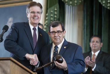 Sen. Pete Flores, R-Atascosa, gets a gavel from Lt. Gov. Dan Patrick after being sworn into office as the newest senator in SD-19 on October 12, 2018. Flores is the first Hispanic Republican to serve in the Texas Senate.