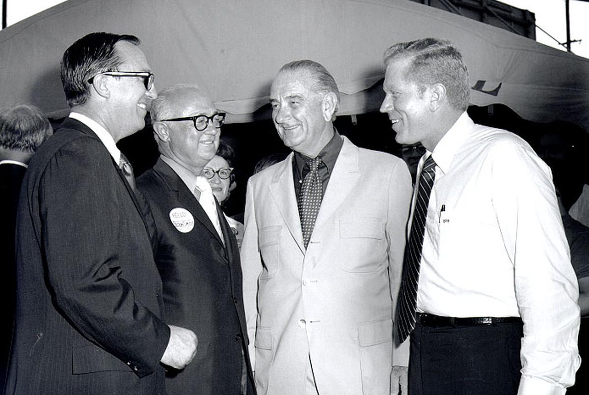 From left: Gus Mutscher, former Texas House speaker; Preston Smith, former governor; Lyndon Baines Johnson, former U.S. president; and Ben Barnes, also a former Texas House speaker, in Brenham on Aug. 17, 1970.