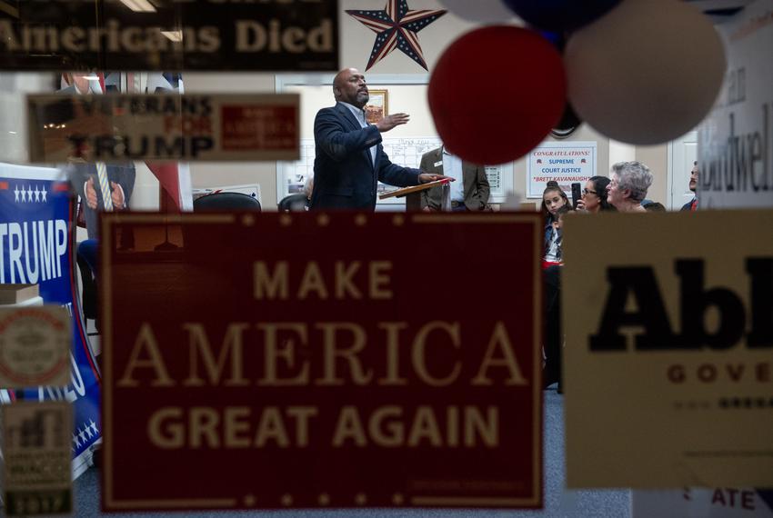 Frederick Douglass Republicans Engagement Strategy creator KCarl Smith speaks at a Black Voices for Trump event, a nationwide initiative to sway voters, at the McLennan County Republican Headquarters in Waco on Feb. 26, 2020.