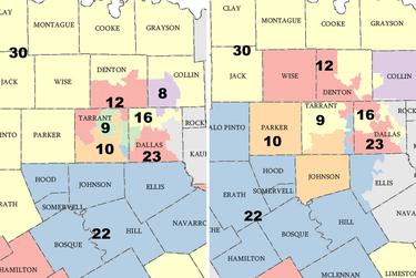 Texas' current Senate District 10, left, and District 10 in Huffman’s proposal.