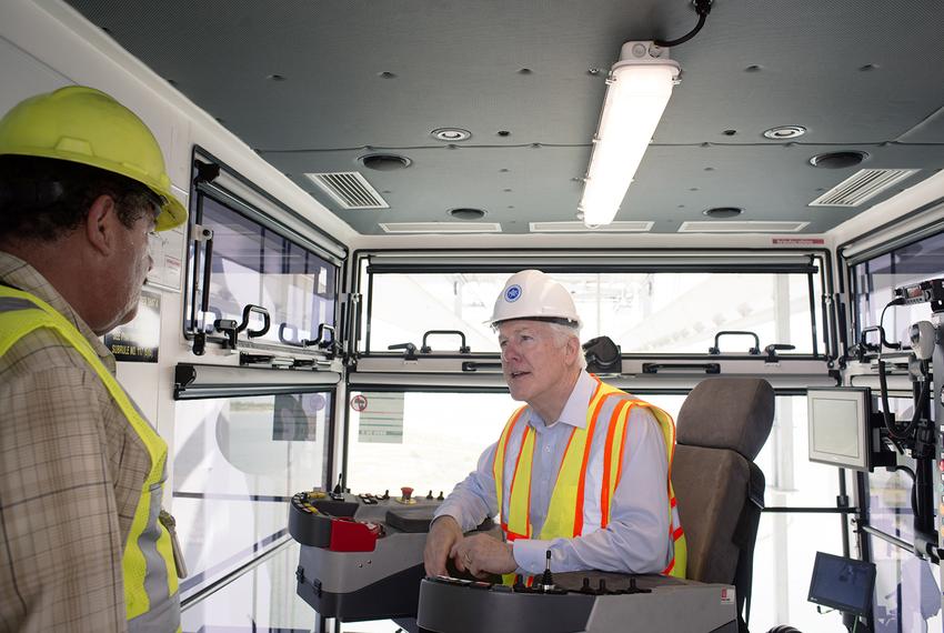 U.S. Sen. John Cornyn, R-Texas, operating a crane at the Port of Houston Authority on November 1, 2016. The port is ranked first in the country for imports and exports, and second for overall tonnage.