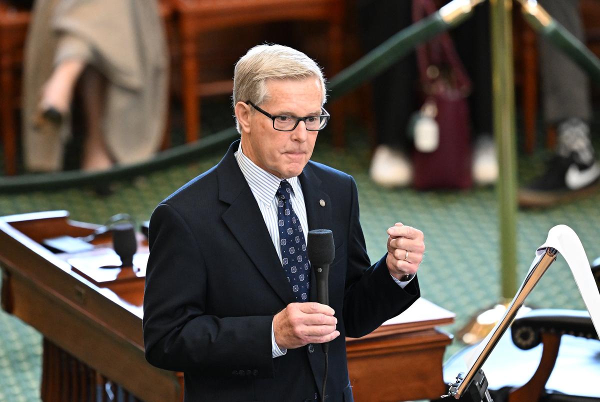 Sen. Phil King, R-Weatherford, chair of the Senate Redistricting Committee, defends HB 4 during debate on the mid-decade redistricting bill in the Texas Senate on August 22, 2025.