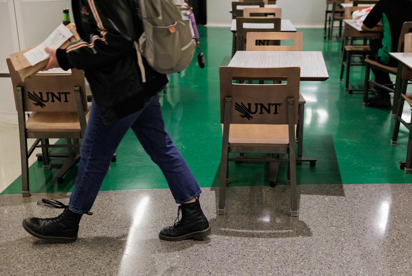 Students walk the University of North Texas campus in Denton, TX on February 24, 2022.
