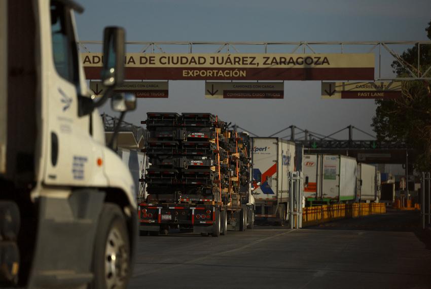Trucks queue at the Zaragoza-Ysleta border bridge to cross the border between Mexico and the United States in Ciudad Juarez, Mexico, on April 2, 2025.