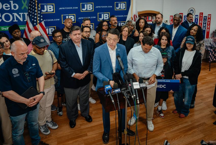 Texas House Democratic Caucus Chair Gene Wu speaks during a press conference alongside dozens of fellow Texas lawmakers and Illinois Gov. J.B. Pritzker in Carol Stream, Ill., on Sunday, Aug. 3, 2025.