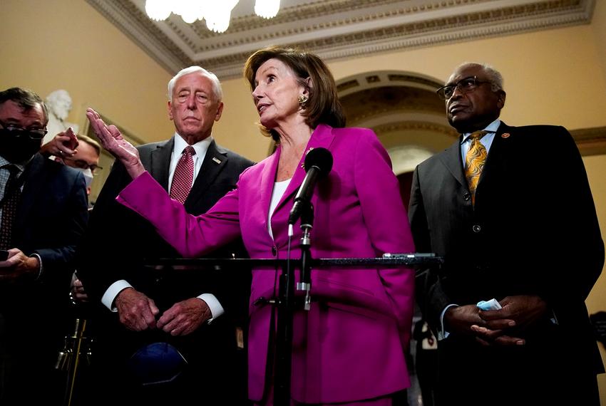 House Speaker Nancy Pelosi delivers remarks with U.S. Reps. Steny Hoyer, D-MD, and James Clyburn, D-SC, at the Capitol in Washington, D.C., on Nov. 5, 2021.