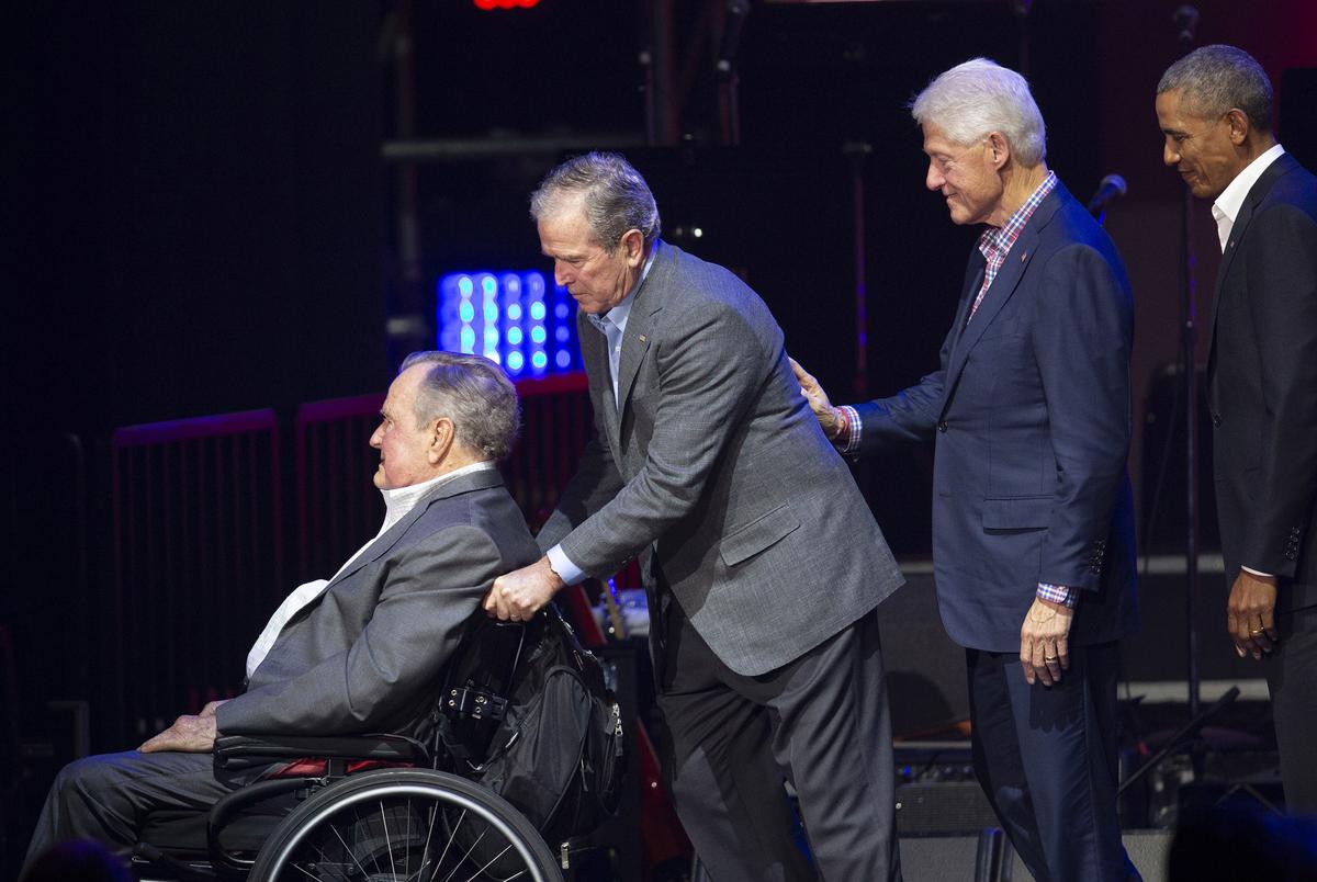 Left to right: Former Presidents George H.W. Bush, George W. Bush, Bill Clinton and Barack Obama at a hurricane relief in College Station on Oct. 21, 2017.