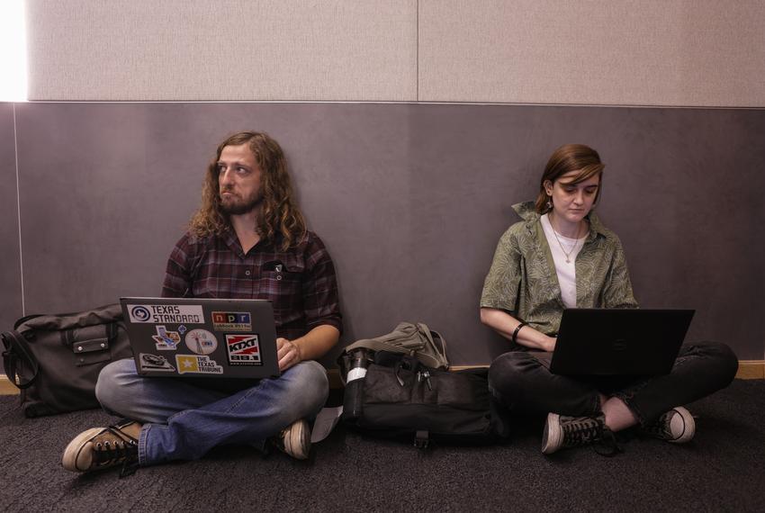 Brad Burt, left, and Samantha Larned attend a Lubbock City Council's Special Meeting for Lubbock NPR, also known as KTTZ, Sept. 2, 2025 at Citizen's Tower in Lubbock, Texas.