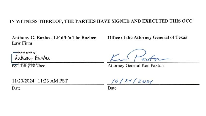 A page from an outside counsel contract, signed by both Buzbee and Paxton, shows The Buzbee Law Firm was hired to represent the state in litigation against BlackRock Inc., State Street Corp. and The Vanguard Group Inc.