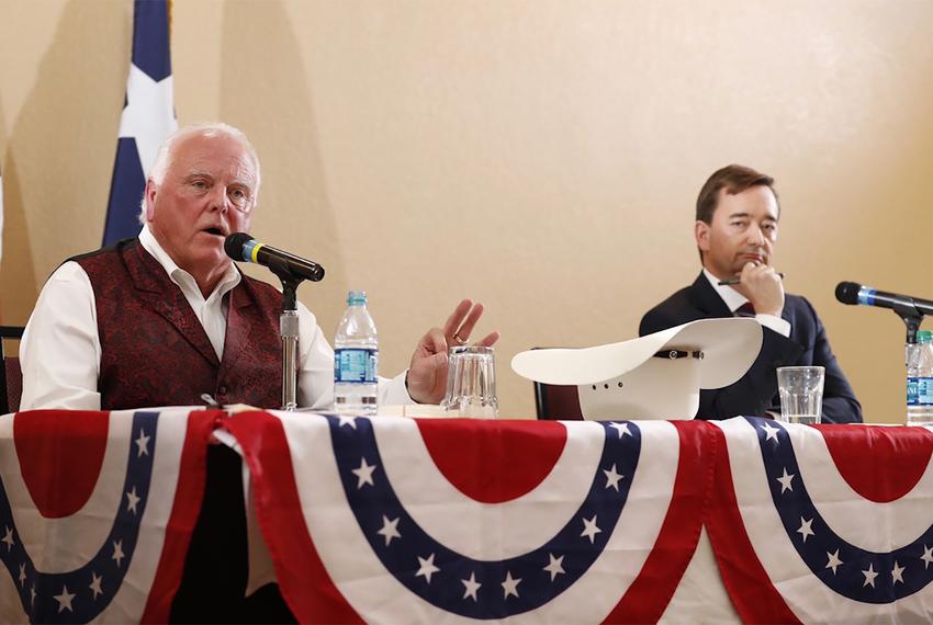 Texas Agriculture Commissioner Sid Miller (left), and Republican primary challenger Trey Blocker at a debate in Tyler on Feb. 7, 2018. 