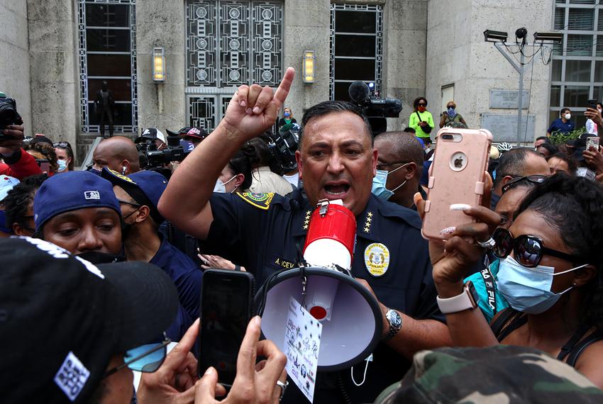 Houston Police Chief Art Acevedo responds to demonstrators about police accountability at a rally for George Floyd at Hous...