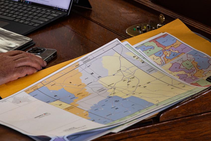 A map of Tarrnant County sits on State Rep. Chris Turner’s, D-Grand Prairie, desk in the house chamber in Austin on August 20, 2025.