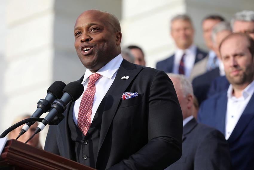 U.S. Rep. Wesley Hunt, R-Houston, alongside his house Republican colleagues, speaks about the Republican Party’s upcoming legislative agenda and accomplishments in the first one hundred days of holding the majority in the House of Representatives, on Capitol Hill in Washington on April 17, 2023.