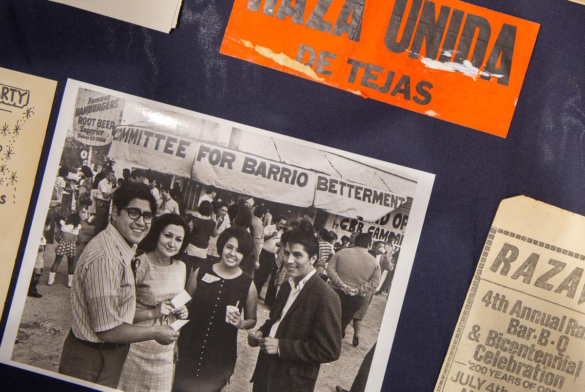 La Raza Unida memorabilia is on display during the 50th Anniversary Reunion of the party in San Antonio on Sept. 15, 2022.