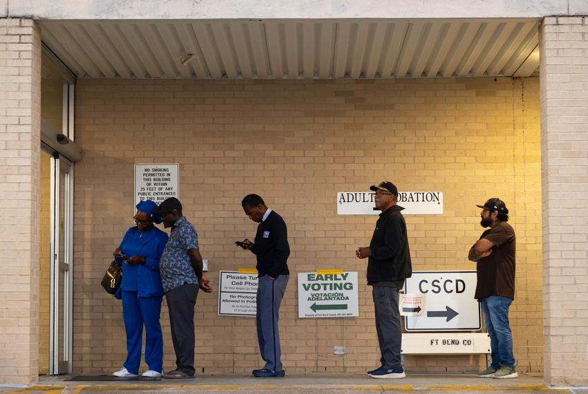 Voters line up outside of the Rosenberg Annex as early voting begins in Texas on Monday, Oct. 21, 2024, in Rosenberg.